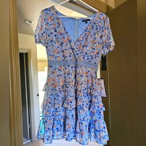 City Studio floral, blue dress, beautiful waist detail, new, tags on